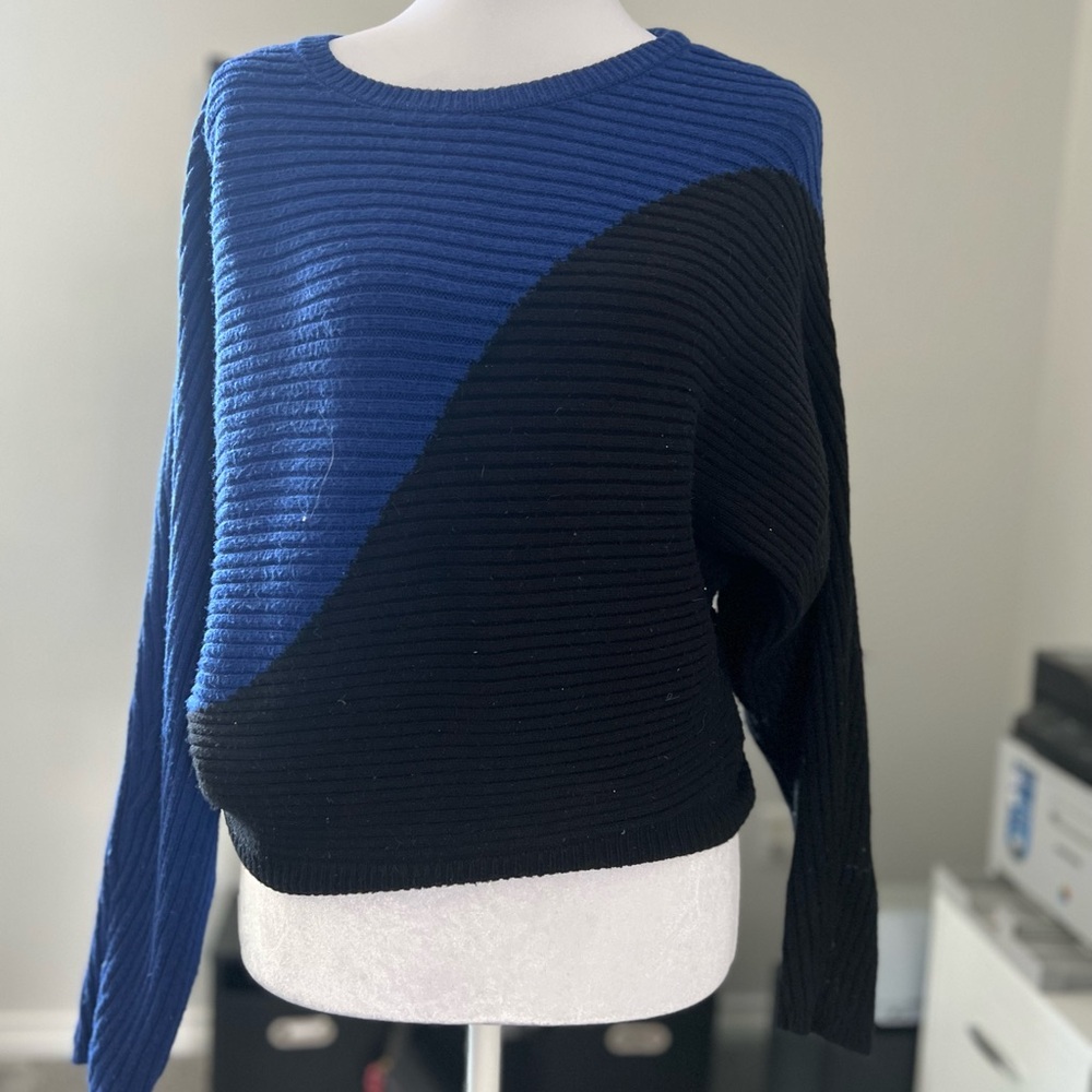 Express Blue and Black Diagonal Ribbed Crewneck Sweater